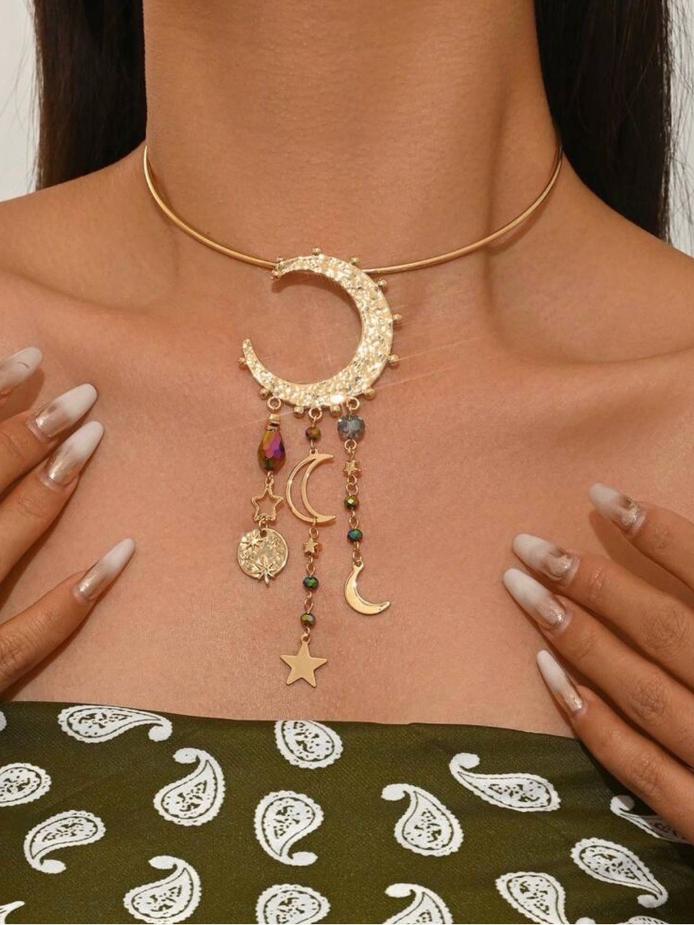Gold Crescent & Celestial Dangle Choker Necklace